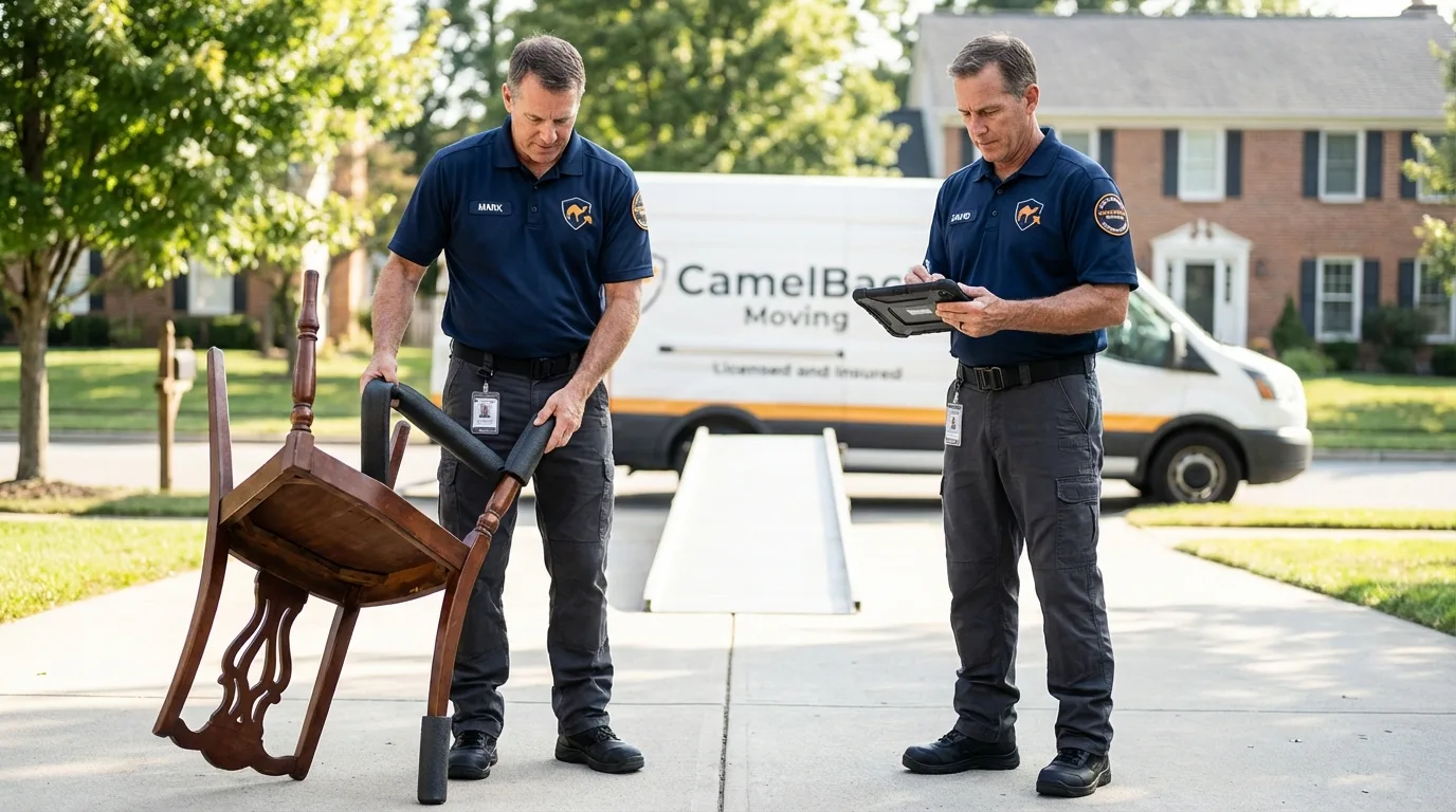 Movers inspecting furniture for damage prevention before loading in Gambrills, MD